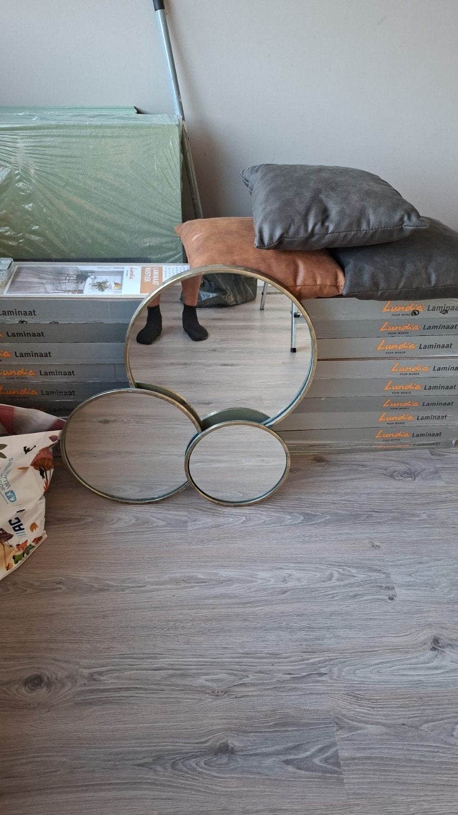Set van 3 vaste ronde spiegels met gouden rand, Huis en Inrichting, Ophalen, Gebruikt, Rond, Minder dan 100 cm