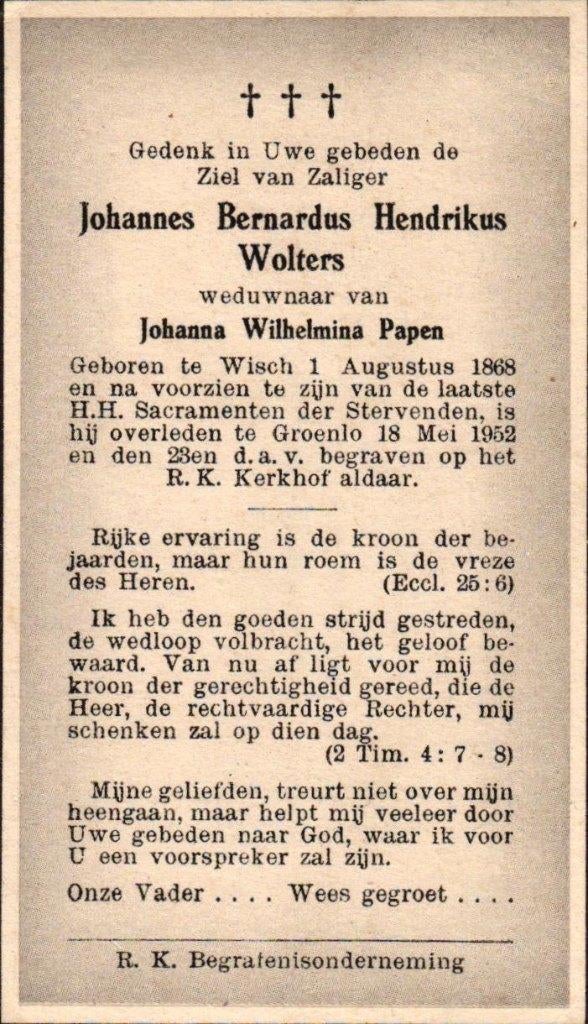 Wolters Johannes Bern. H. Wisch 1868-1952 Groenlo, Ophalen of Verzenden