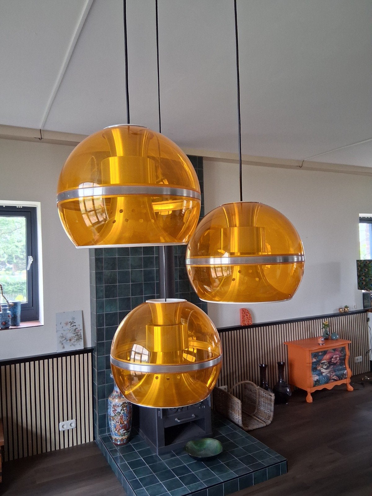 Set van 3 vintage Dijkstra oranje hanglampen, Ophalen, Gebruikt, 75 cm of meer, Metaal