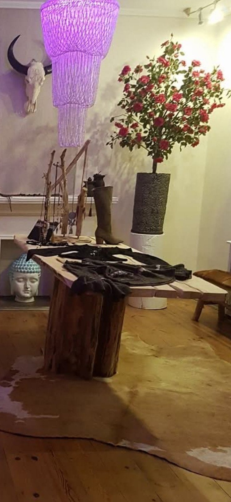 Unieke handgemaakte houten tafel van boomstammen, Ophalen of Verzenden, Gebruikt