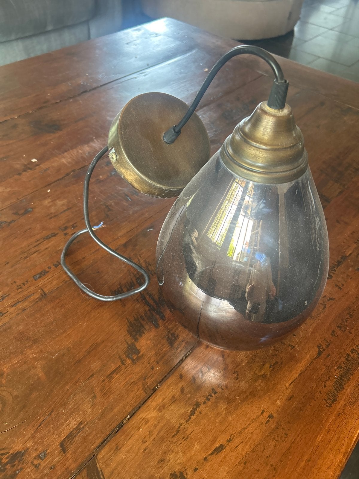 Hanglamp druppelvormig glas met messing accenten, Ophalen of Verzenden, Gebruikt, Glas, E27 (groot)