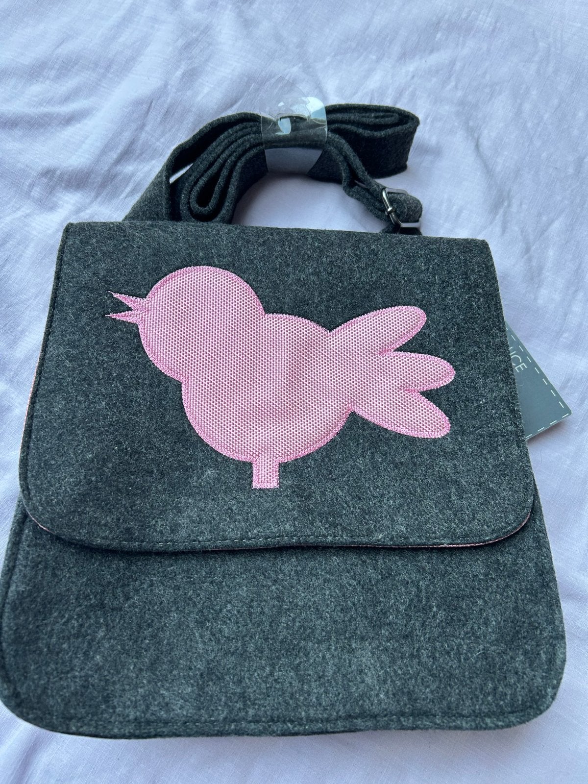 Vilten Cross-over Tas Antraciet met Roze Vogel, Ophalen of Verzenden, Nieuw, Grijs, Schoudertasje