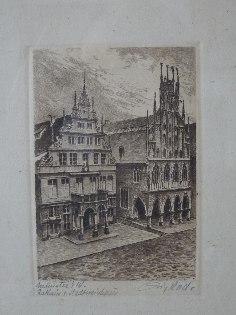 Rathaus in Munster - Onbekende kunstenaar, Antiek en Kunst, Ingelijst, 25 cm, Ets, Stadsgezicht
