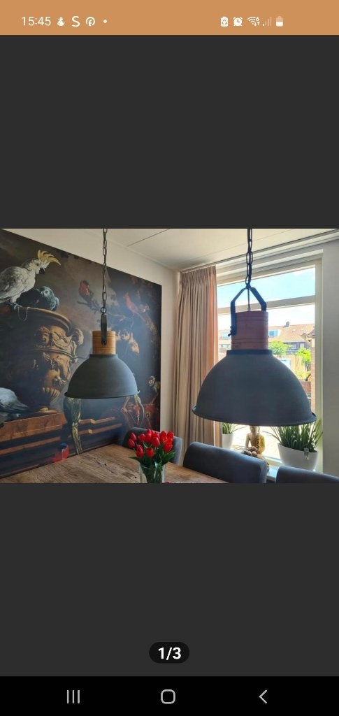 industriële hanglamp grijs, Huis en Inrichting, Zo goed als nieuw, Industriële, Hout, E27 (groot)