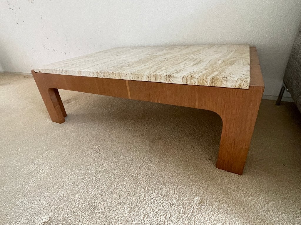 mooie Travertin Bijzettafels met houten frame, Ophalen, Vierkant, Zo goed als nieuw, 75 cm of meer