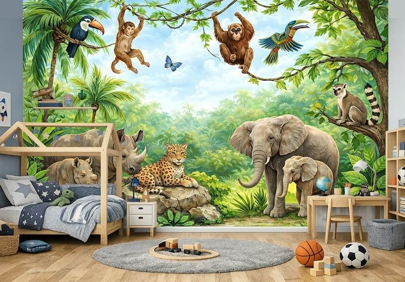 Fotobehang / Behang - Kinderkamer - Jungle Dieren Avontuur, Fotobehangkoning.nl, Overige patronen, Hoogeveen, Info@fotobehangkoning.nl