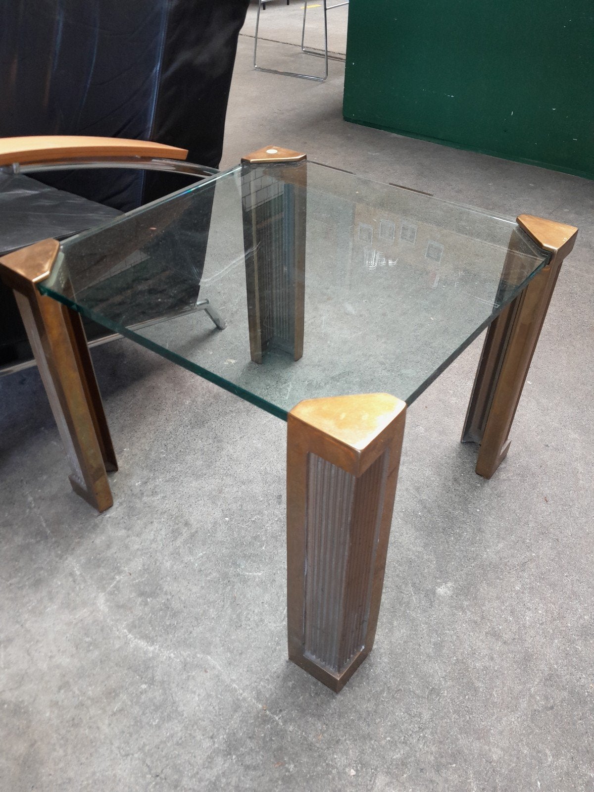 Peter Ghyczy salontafel met glazen blad en messing onderstel, Ophalen, 100 tot 150 cm, 50 tot 100 cm, Peter