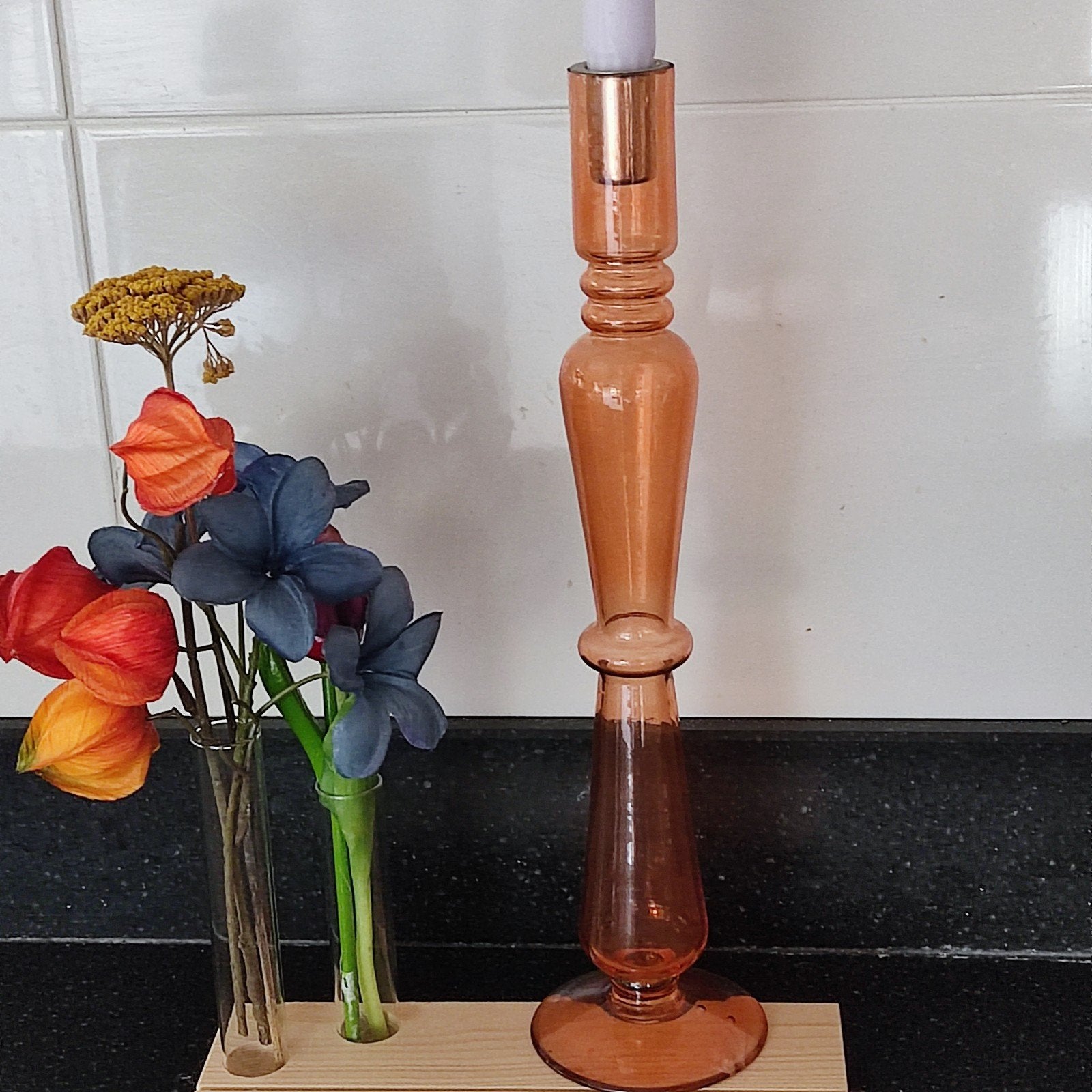 Vintage style glazen kandelaar Terracotta / Peach, Gebruikt, Overige merken, Oranje, Ophalen of Verzenden