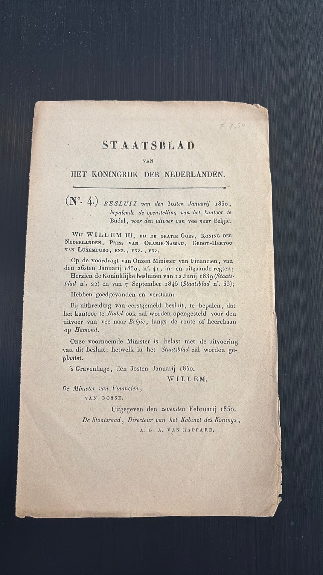 Staatsblad 1850 veevervoer Budel, Ophalen of Verzenden, Zo goed als nieuw