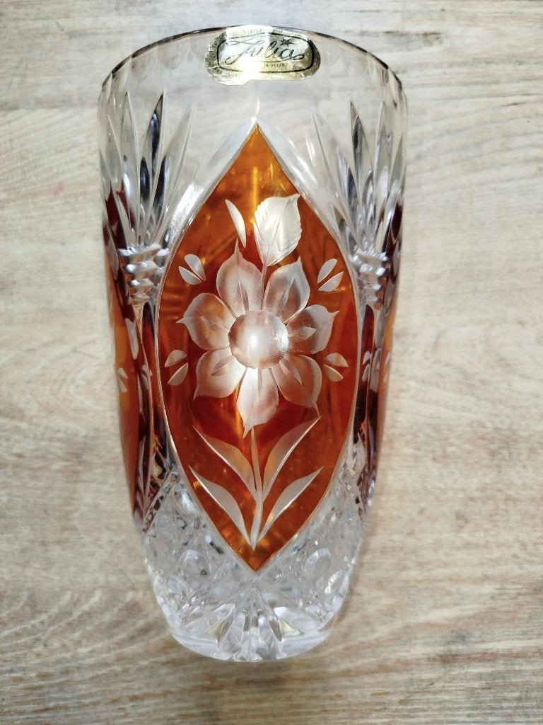 kristallen vaas amber 20 cm handgeslepen huta szkla julia, Ophalen of Verzenden