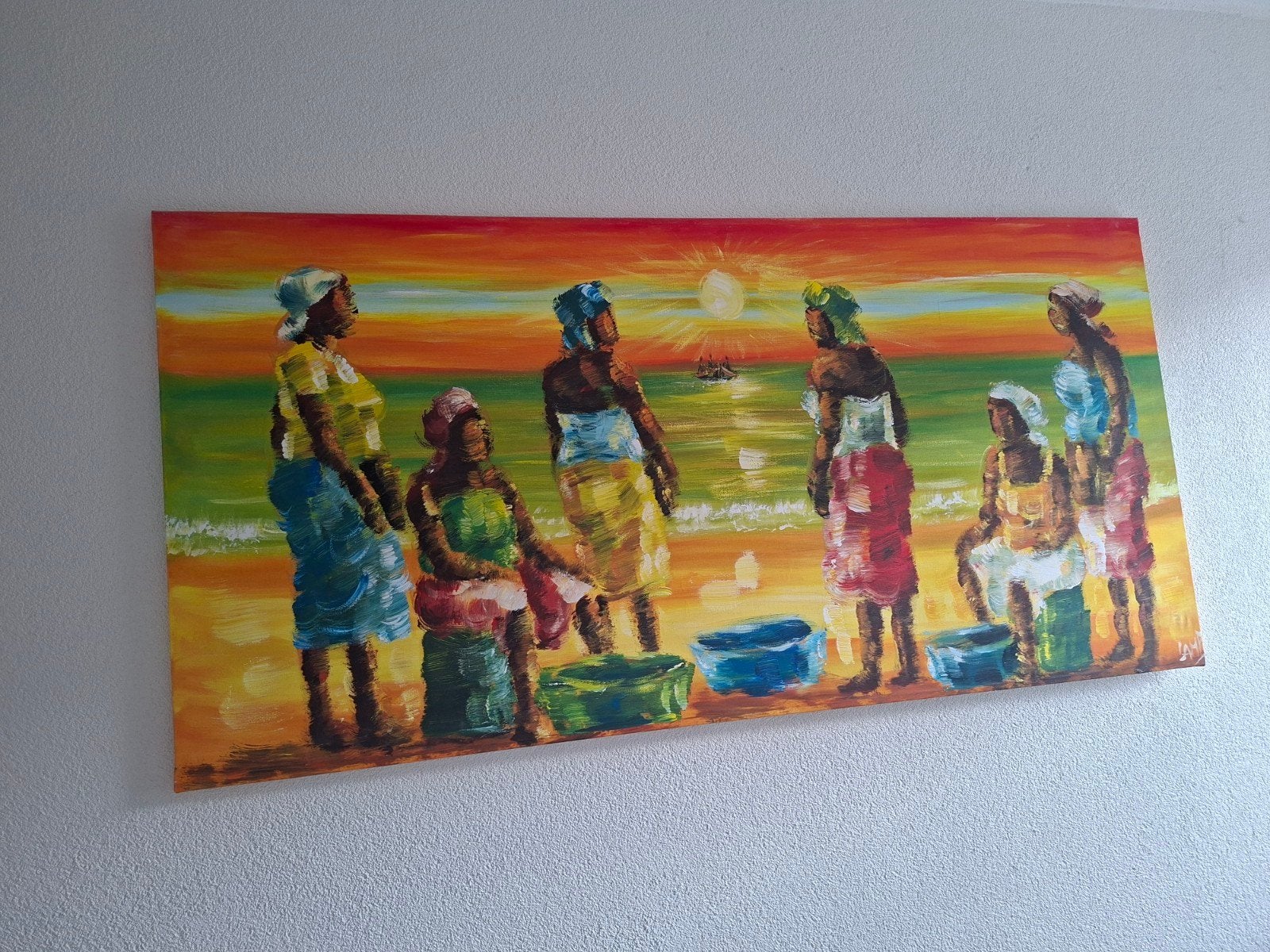 Schilderij Afrikaanse Vrouwen bij Zonsondergang, Ophalen, Hout, Handgeschilderd, Figuren