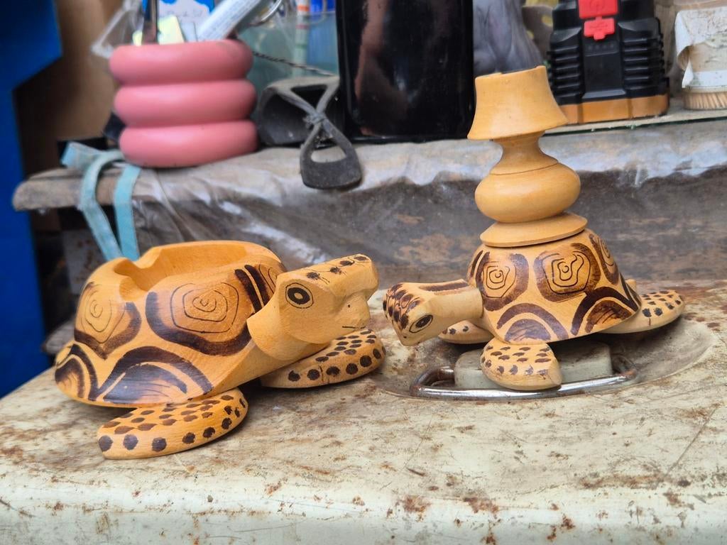 Uniek houten schildpad set: asbak & kaarshouder, Ophalen of Verzenden
