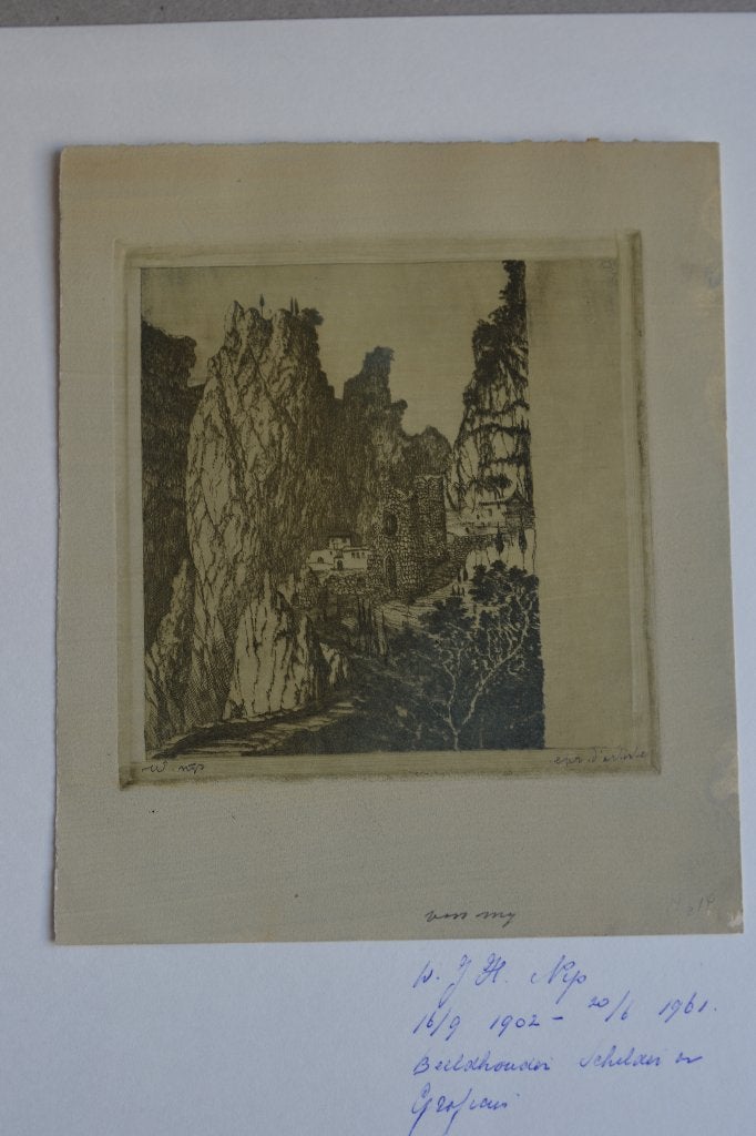 WILLEM NIJS ETS SURREALISTISCH BERGLANDSCHAP PROEFDRUK K34, Ets, Ophalen of Verzenden, Landschap, 11 cm