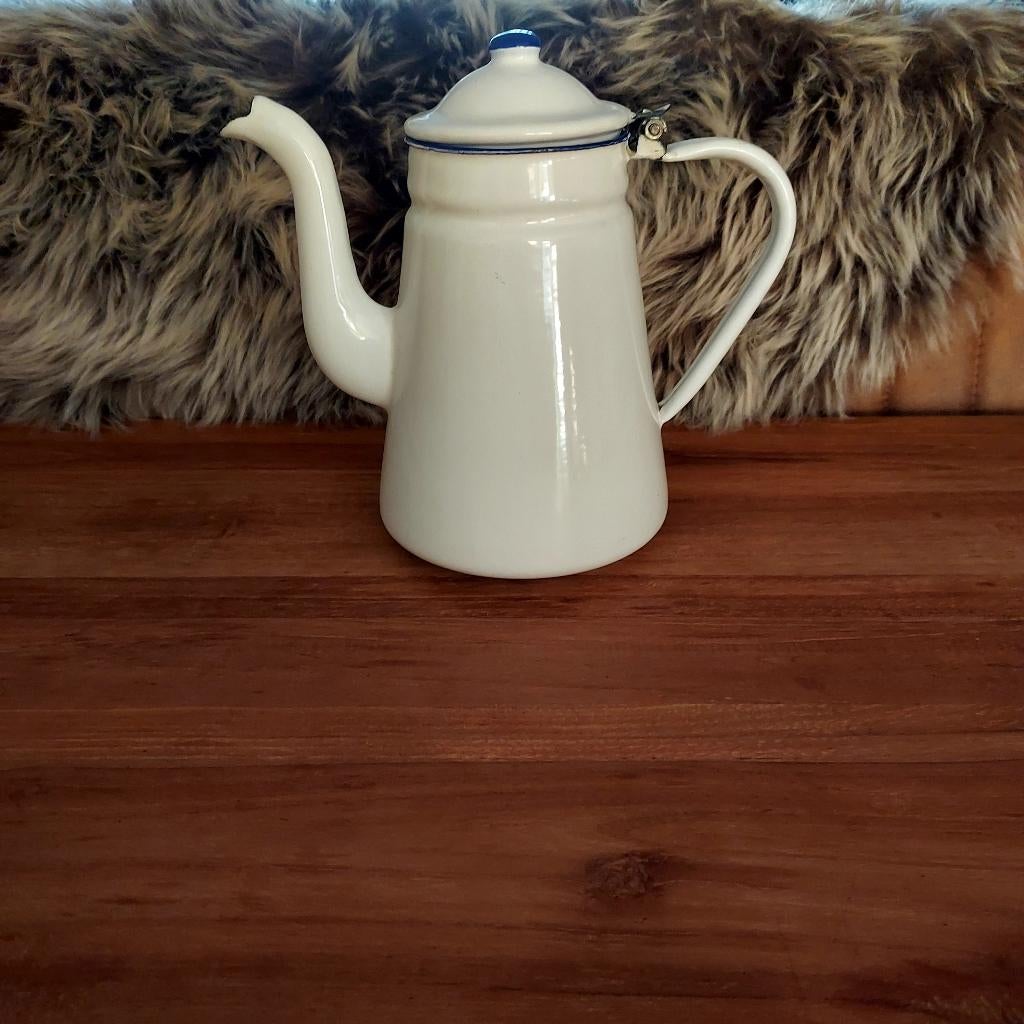 Emaille koffiepot wit met blauwe rand, Antiek en Kunst, Antiek | Emaille, Ophalen of Verzenden