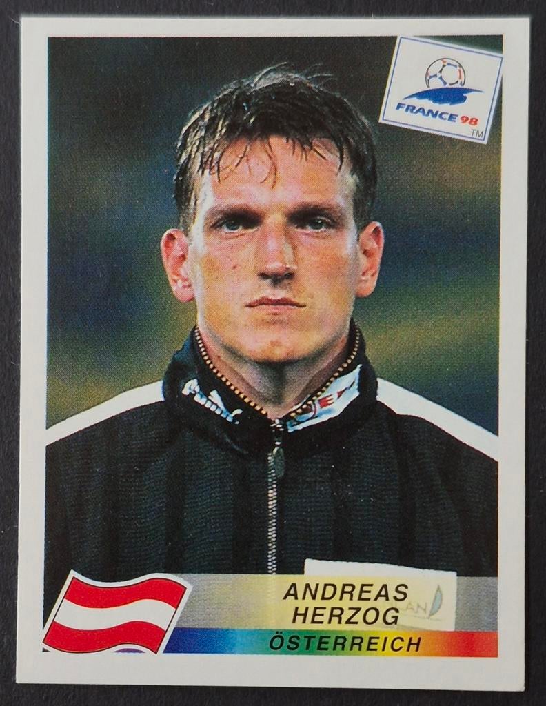 Panini sticker Andreas Herzog - Oostenrijk, WK 98., Ophalen of Verzenden, Zo goed als nieuw, Buitenlandse clubs, Poster, Plaatje of Sticker