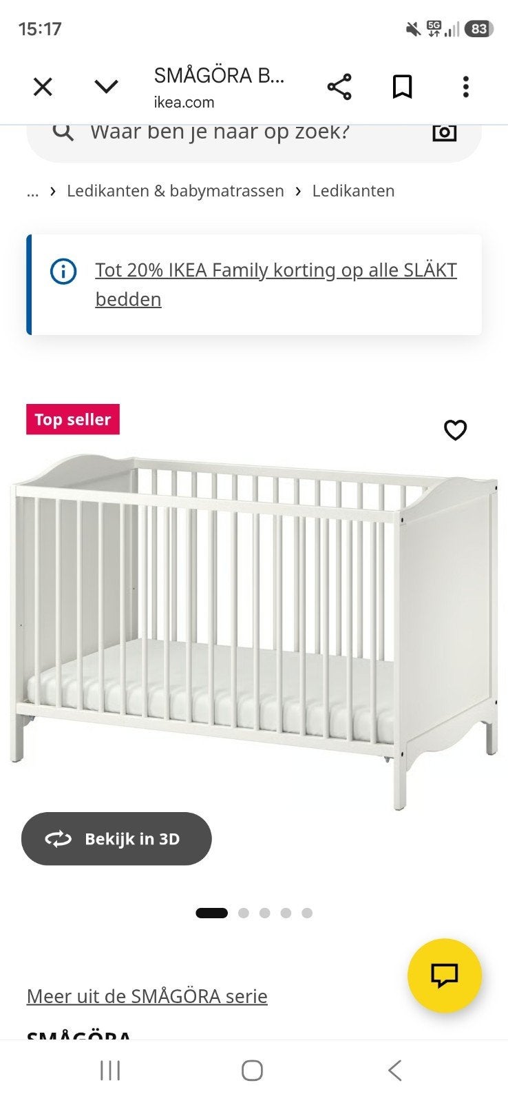 IKEA SMÅGÖRA Ledikant met matras., Kinderen en Baby's, Babywiegjes en Ledikanten, Ophalen, Zo goed als nieuw, Ledikant