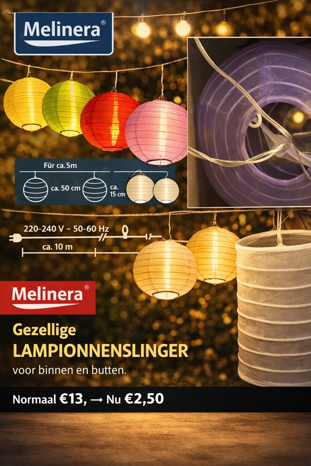 Melinera Gezellige Lampionnenslinger voor binnen en buiten., Ophalen of Verzenden, Nieuw, Meerkleurig, Textiel