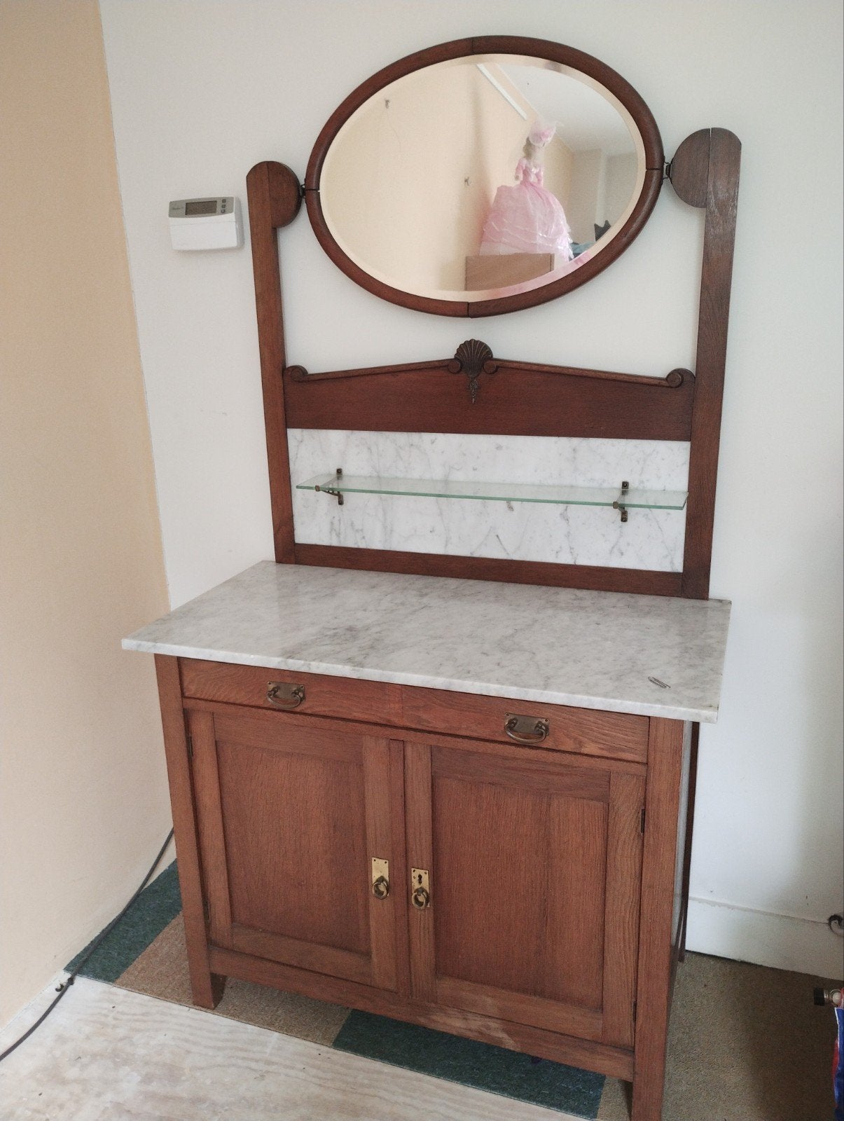 Vintage kast met spiegel, lade en marmeren blad, Ophalen