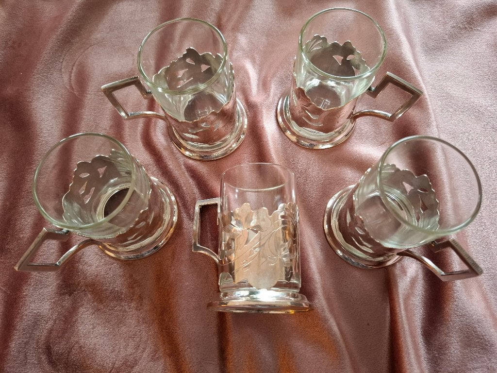 Schattig brocante theeglazen setje, verzilverd!, Ophalen