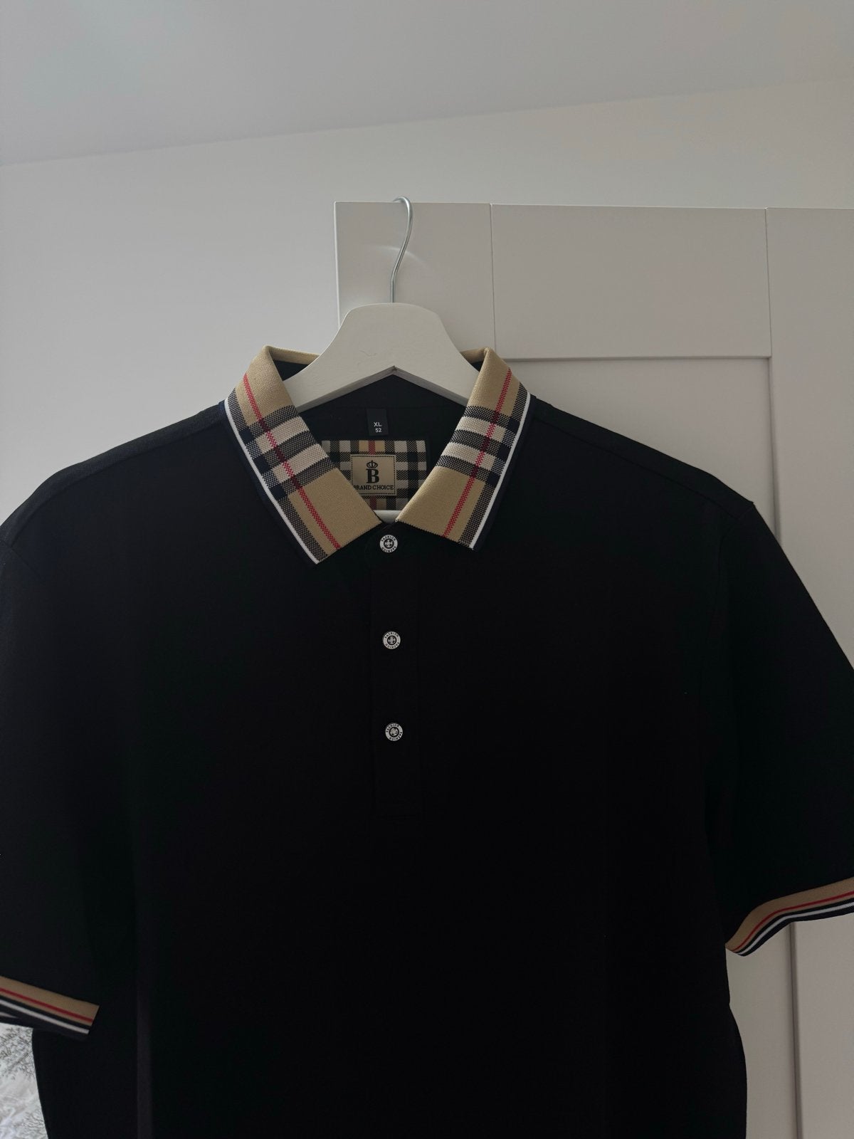 Zwart poloshirt met geruite kraag en mouwboorden, Ophalen of Verzenden, Zo goed als nieuw, Maat 56/58 (XL), Zwart