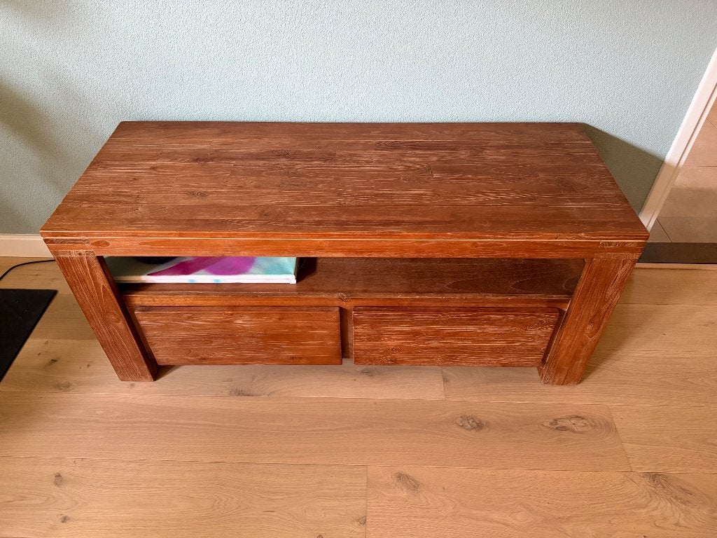 Teak tv meubel, Ophalen, 100 tot 150 cm, Teakhout, Zo goed als nieuw
