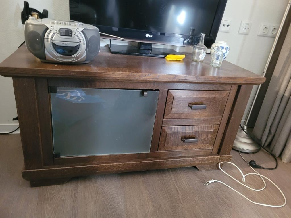 TV meubel met glazen deurtje en 2 lades, Huis en Inrichting, Ophalen, Gebruikt, 100 tot 150 cm, Glas