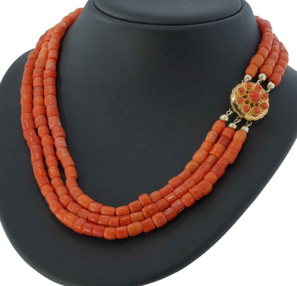 Bloedkoraal antieke ketting fraai 14k slot goud dames retro