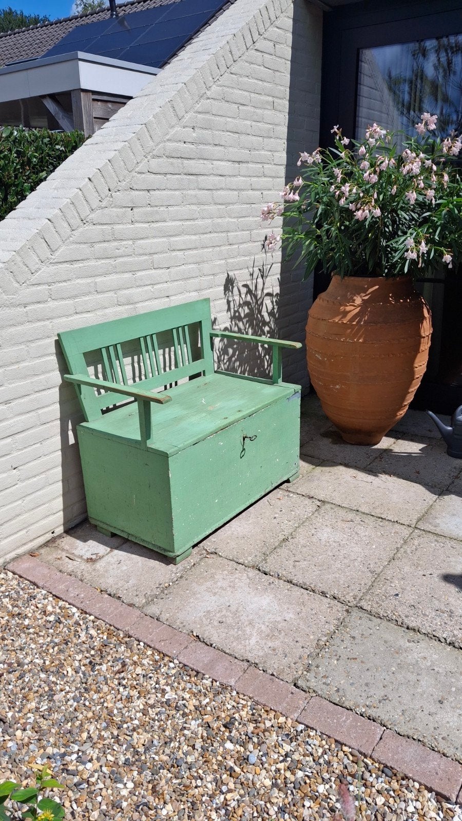 Antieke groene houten klepbank met opbergruimte, Antiek en Kunst, Antiek | Meubels | Stoelen en Banken, Ophalen