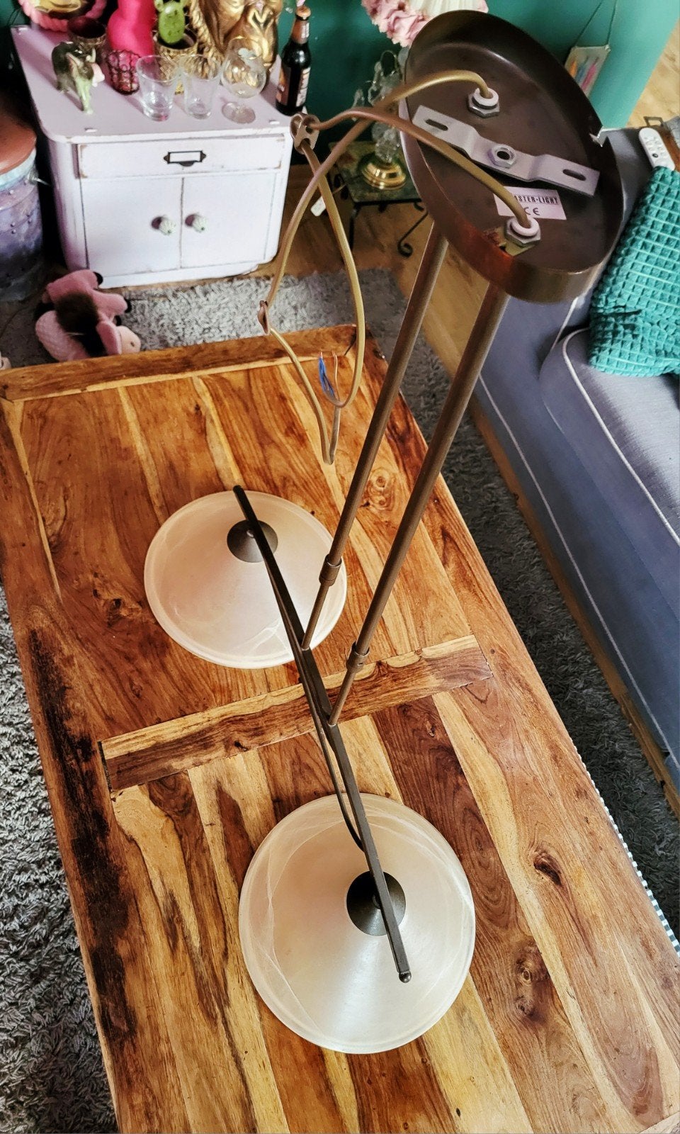 "Master-Light" Dubbele Hanglamp Brons & Melkglas 90x80cm, Ophalen, Zo goed als nieuw, Glas, Minder dan 100 cm