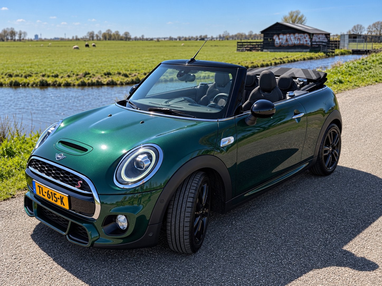 Mini Cabrio 2.0  JCW pakket 192pk Aut 2018 Groen, Auto's, Stof, Zwart, 4 cilinders, 4 stoelen