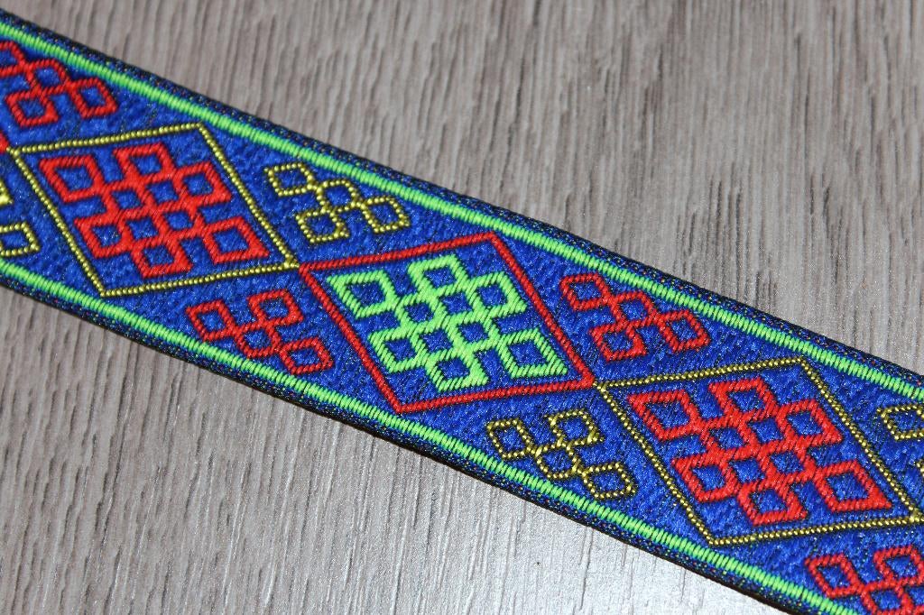 Haspel geweven sierband - blauw rood groen goud 33mm #1737, Ophalen of Verzenden, Nieuw, Lint, Band of Elastiek