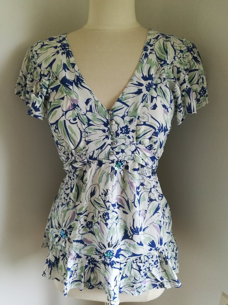 RIVER ISLAND bloes wit met bloemen en pailletten maat 36, Ophalen of Verzenden, Zo goed als nieuw, Korte mouw, Maat 36 (S)