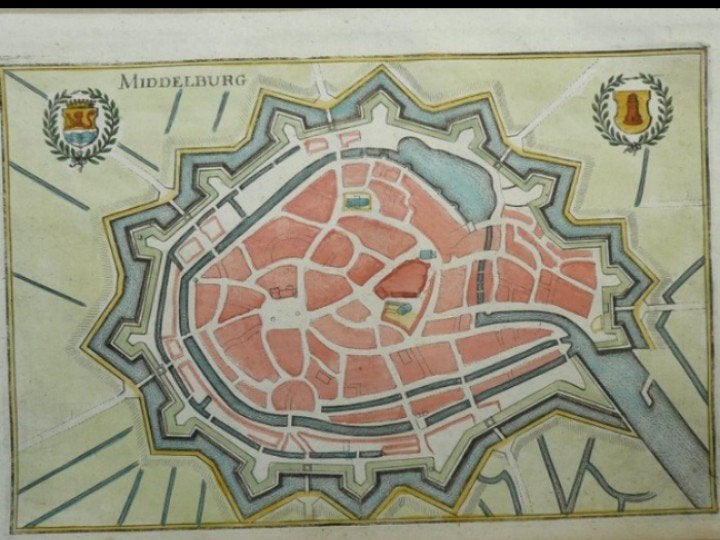 ZELDZAME STADSPLATTEGROND MIDDELBURG UIT 1659, Antiek en Kunst, Kunst | Etsen en Gravures, Gravure, Handgekleurd, Cartografie