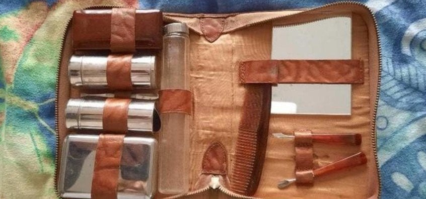 mannen reisnecessaire, bruin leer, Verzamelen, Ophalen of Verzenden, Persoonlijke verzorging