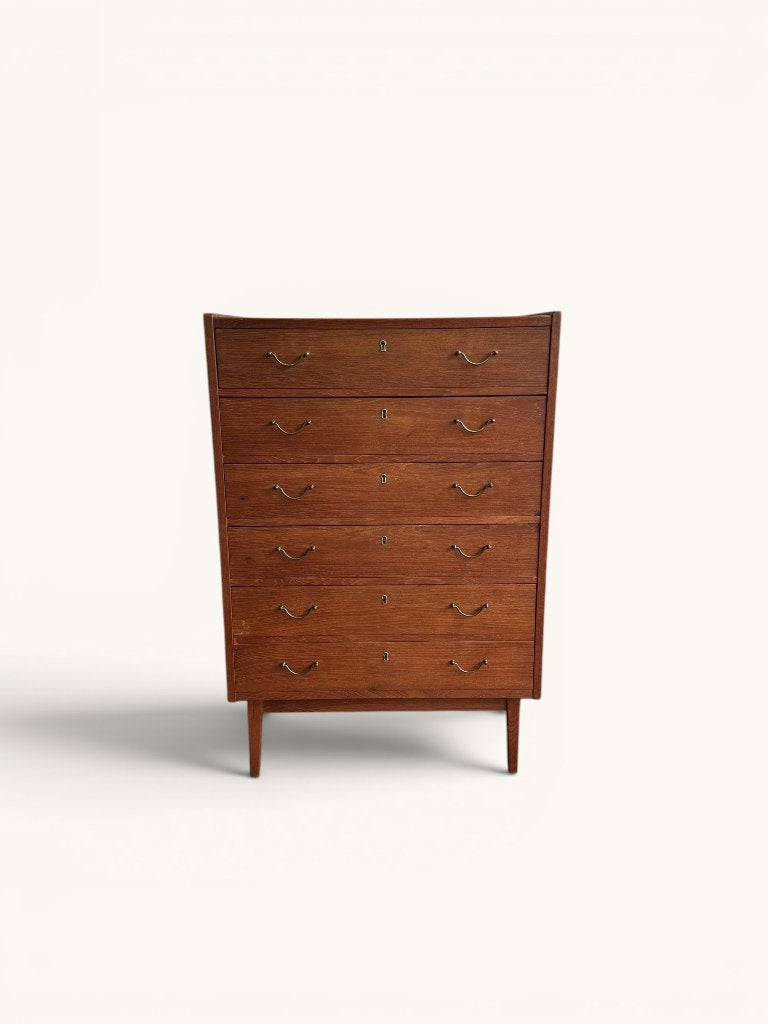 Vintage Deense teakhouten ladekast messing greepjes, Ophalen, -, 50 tot 100 cm, Zo goed als nieuw