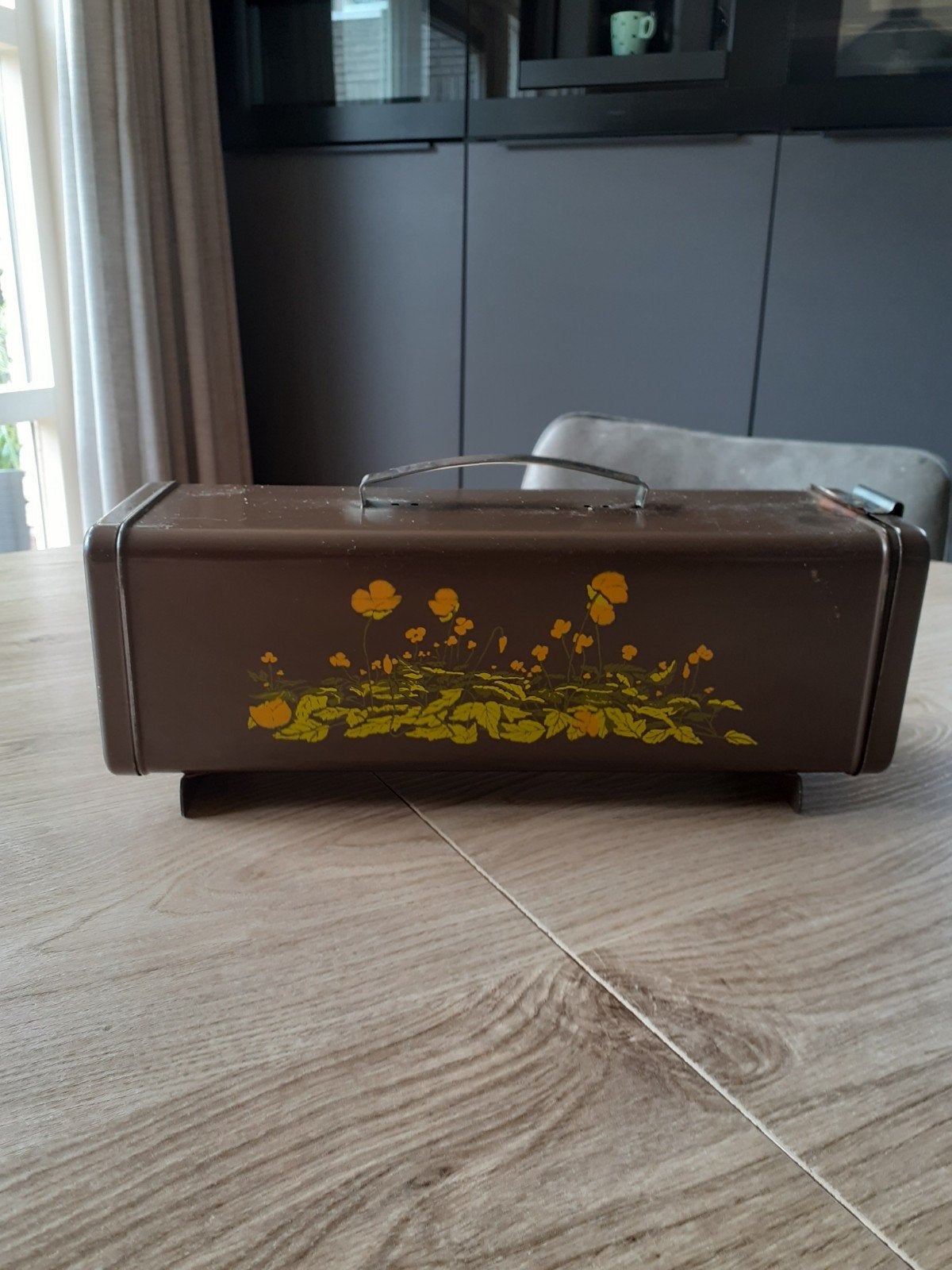 Vintage cake/koektrommel Bruin met Bloemenprint, Ophalen of Verzenden