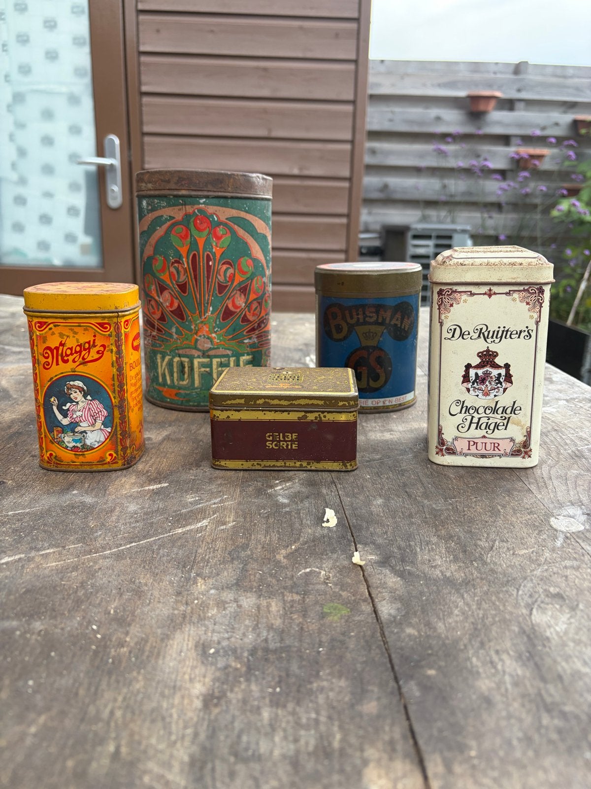 Set van 5 vintage blikken: Maggi, Koffie, Buysman, De Ruijte, Verzamelen, Blikken, Ophalen of Verzenden, Gebruikt, Koffie, Overige merken