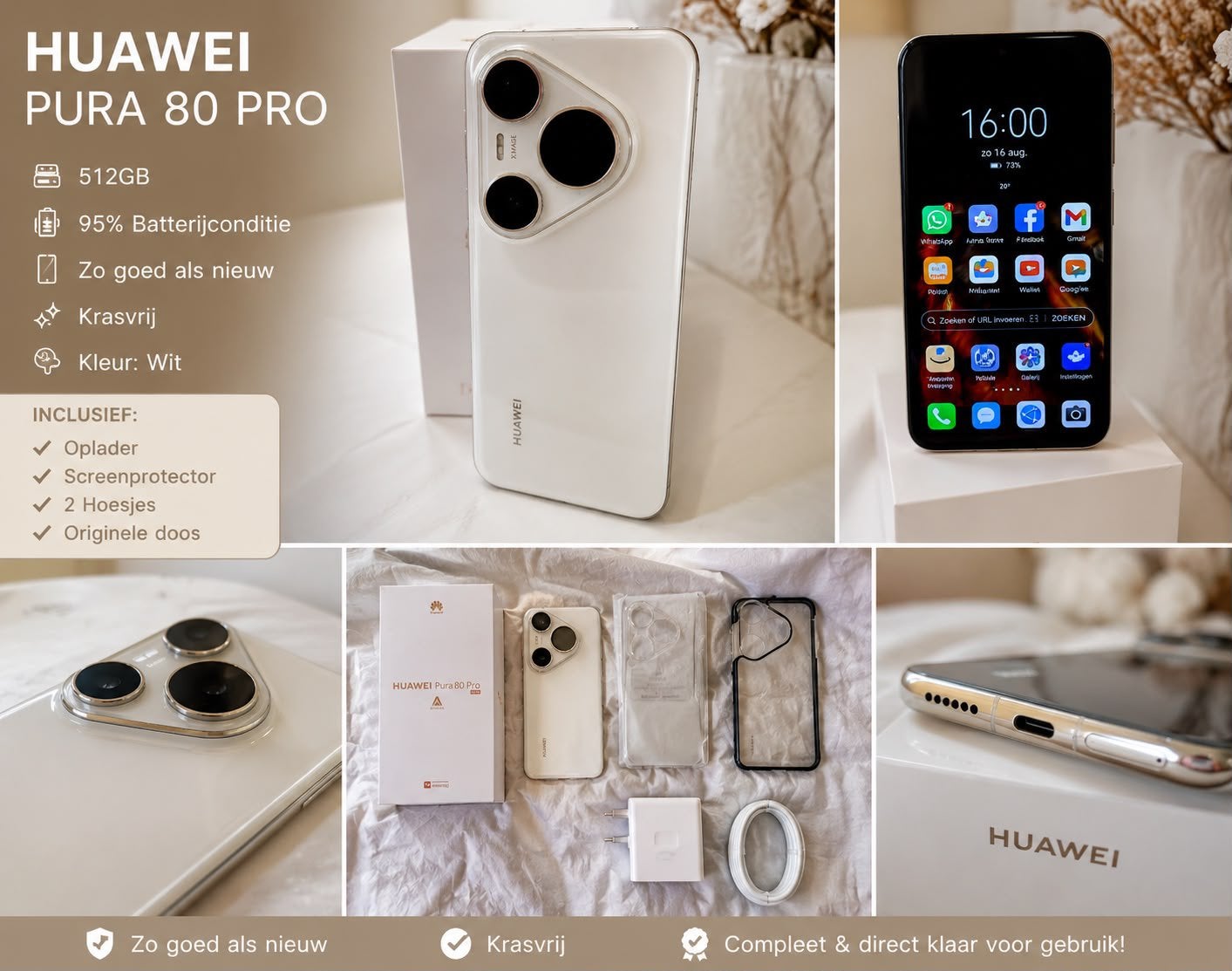 Huawei Pura 80 Pro 512GB – Zo goed als nieuw – Wit, Ophalen of Verzenden, Zo goed als nieuw, 6 megapixel of meer