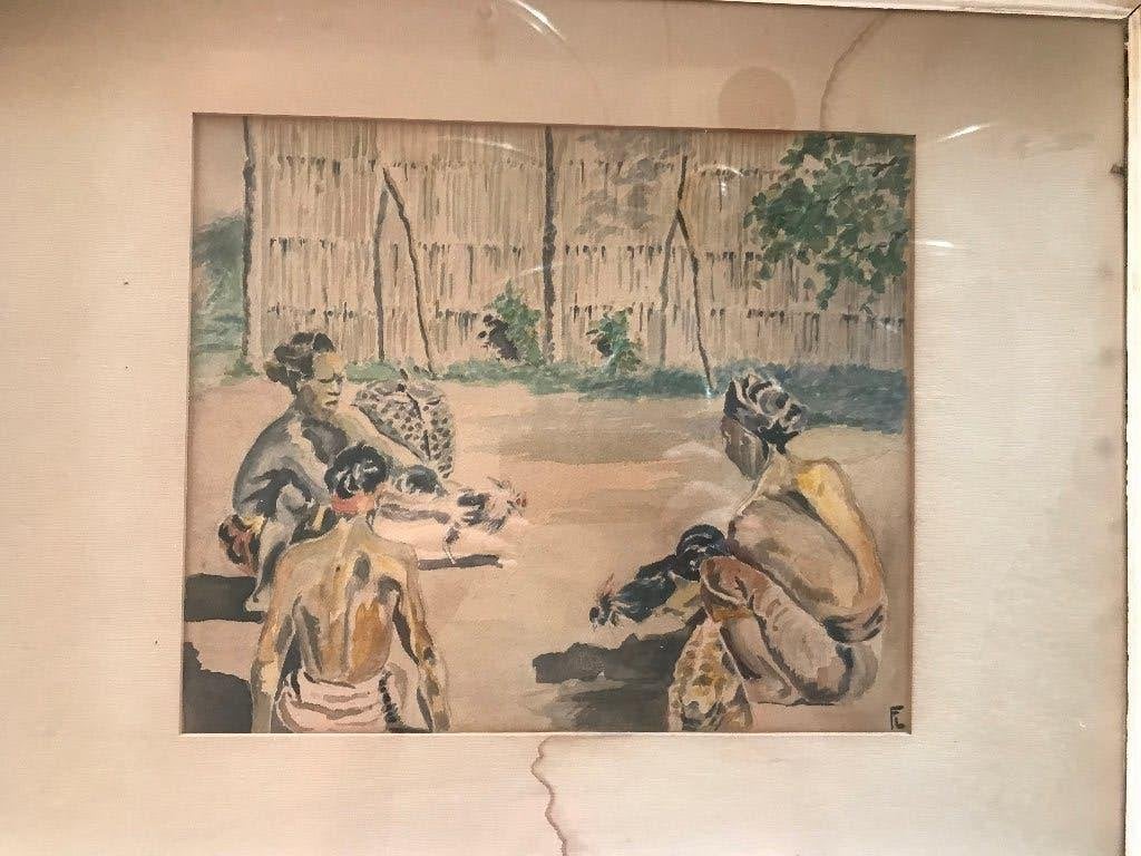 aquarel indonesie hanengevecht, Antiek en Kunst, Kunst | Schilderijen | Klassiek, Overige stijlen, Ophalen of Verzenden, Aquarel