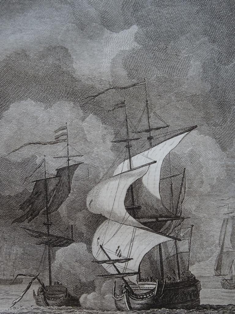 gravure Zeeuws kaperschip door Engels Fregat gebombardeerd, Antiek en Kunst, Kunst | Etsen en Gravures, Verzenden