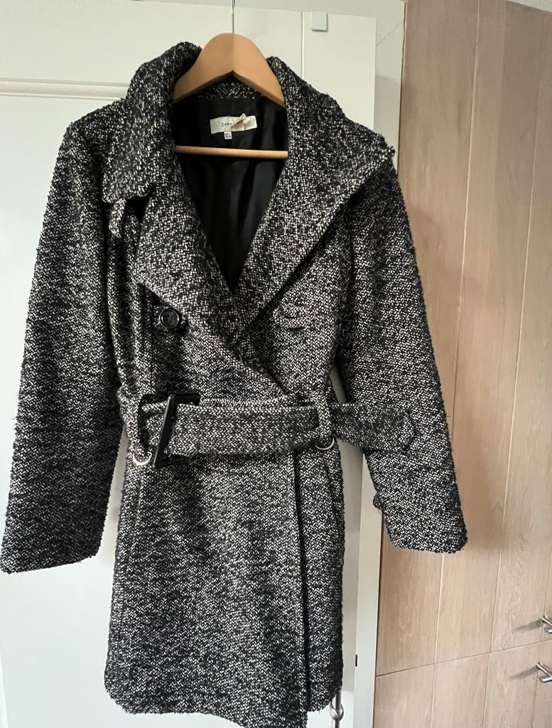 Zara wollen mantel zwart wit gemeleerd maat L, Ophalen of Verzenden, Zo goed als nieuw, Maat 38/40 (M), Zwart