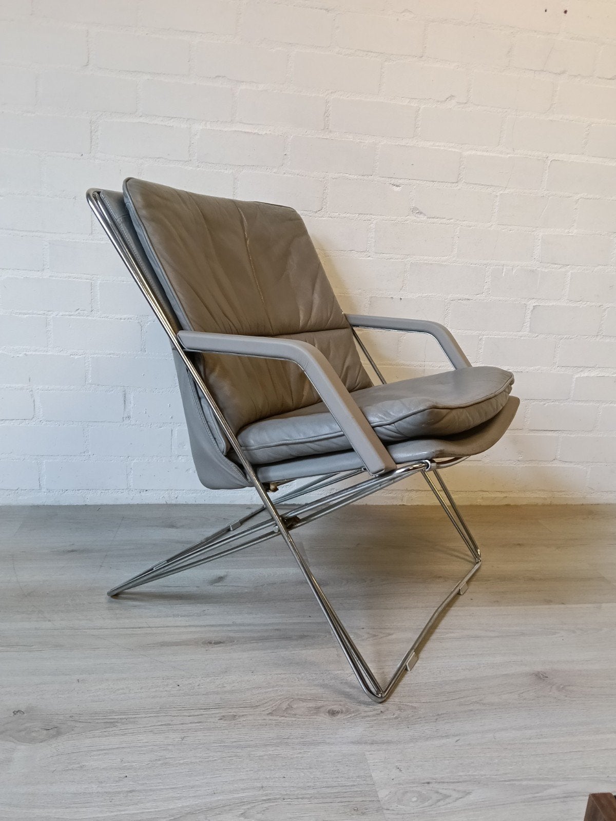 Vintage IRE AB Leren Fauteuil - Grijs - Made in Sweden, Huis en Inrichting, Stoelen, Ophalen, Gebruikt, Vintage, Mid-century Modern