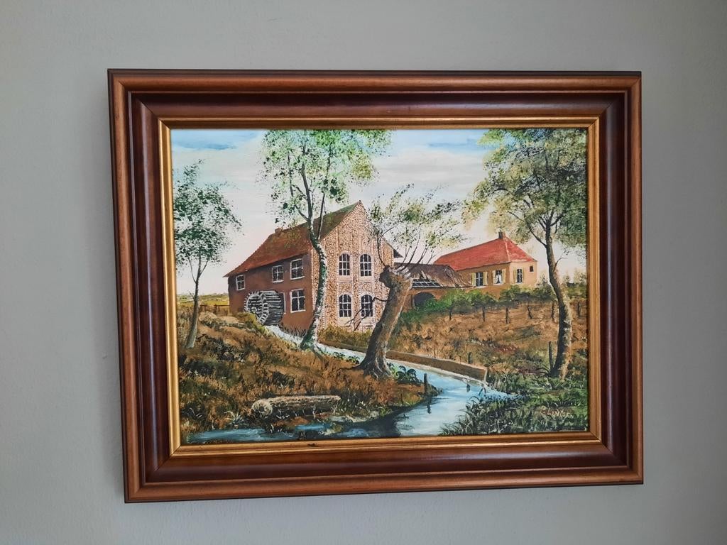 Ophalen Schilderij van watermolen en boerderij, gesigneerd, Antiek en Kunst, Ophalen of Verzenden