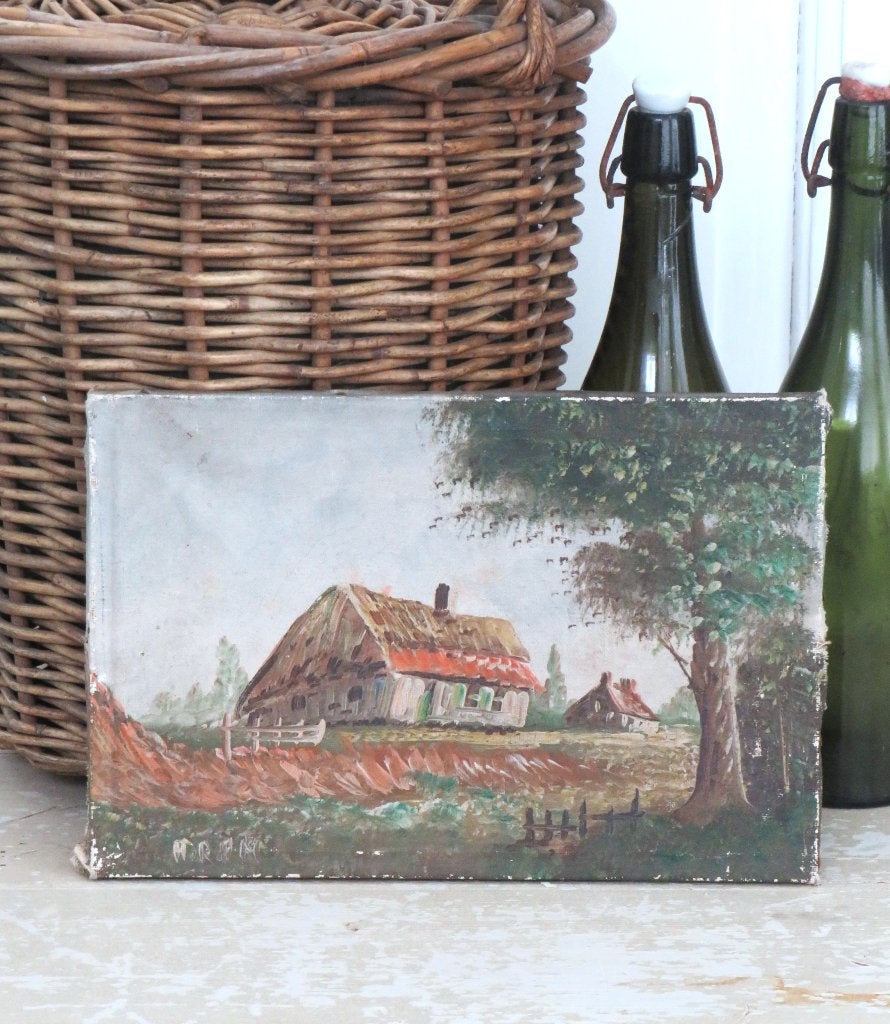 Antiek schilderij “Boerderij met rieten dak”, Ophalen of Verzenden