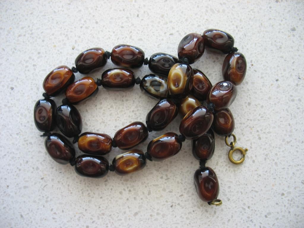 Ketting Bohemian Venetiaans Glas kralen Gevlamd Bruin Vintag, Sieraden, Tassen en Uiterlijk, Antieke sieraden, Ophalen of Verzenden