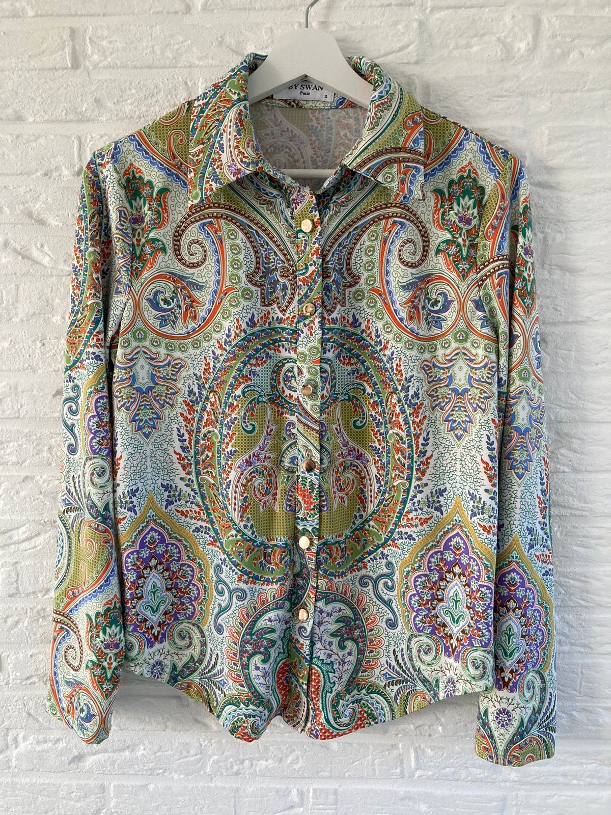 Blouse Swan Paris seventies stijl Paisley print, Etro/Oilily, Ophalen of Verzenden, Zo goed als nieuw, Maat 36 (S), Overige kleuren