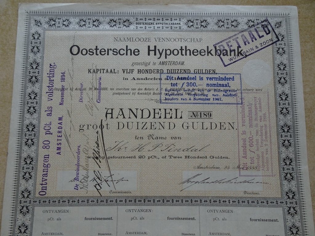 Aandeel in de Oostersche Hypotheekbank. Amsterdam 1888 !!!, Ophalen of Verzenden, 1970 tot heden, Aandeel