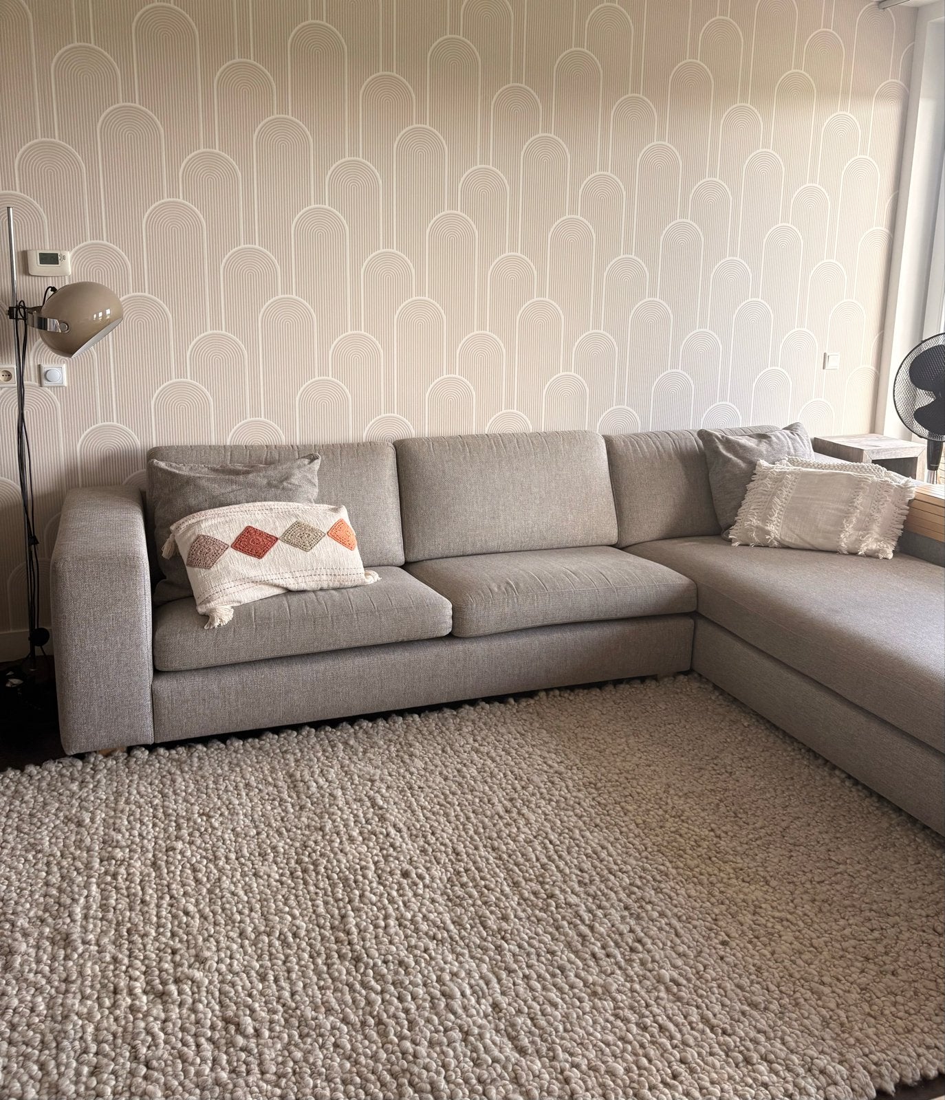 Te koop Hoek ligbank  - Grijs gemelleerde stof, Ophalen, 250 tot 300 cm, Gebruikt, 125 tot 150 cm