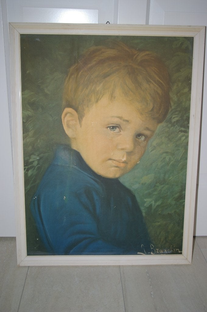 Retro schilderij met huilend jongetje., Ophalen of Verzenden, Gebruikt