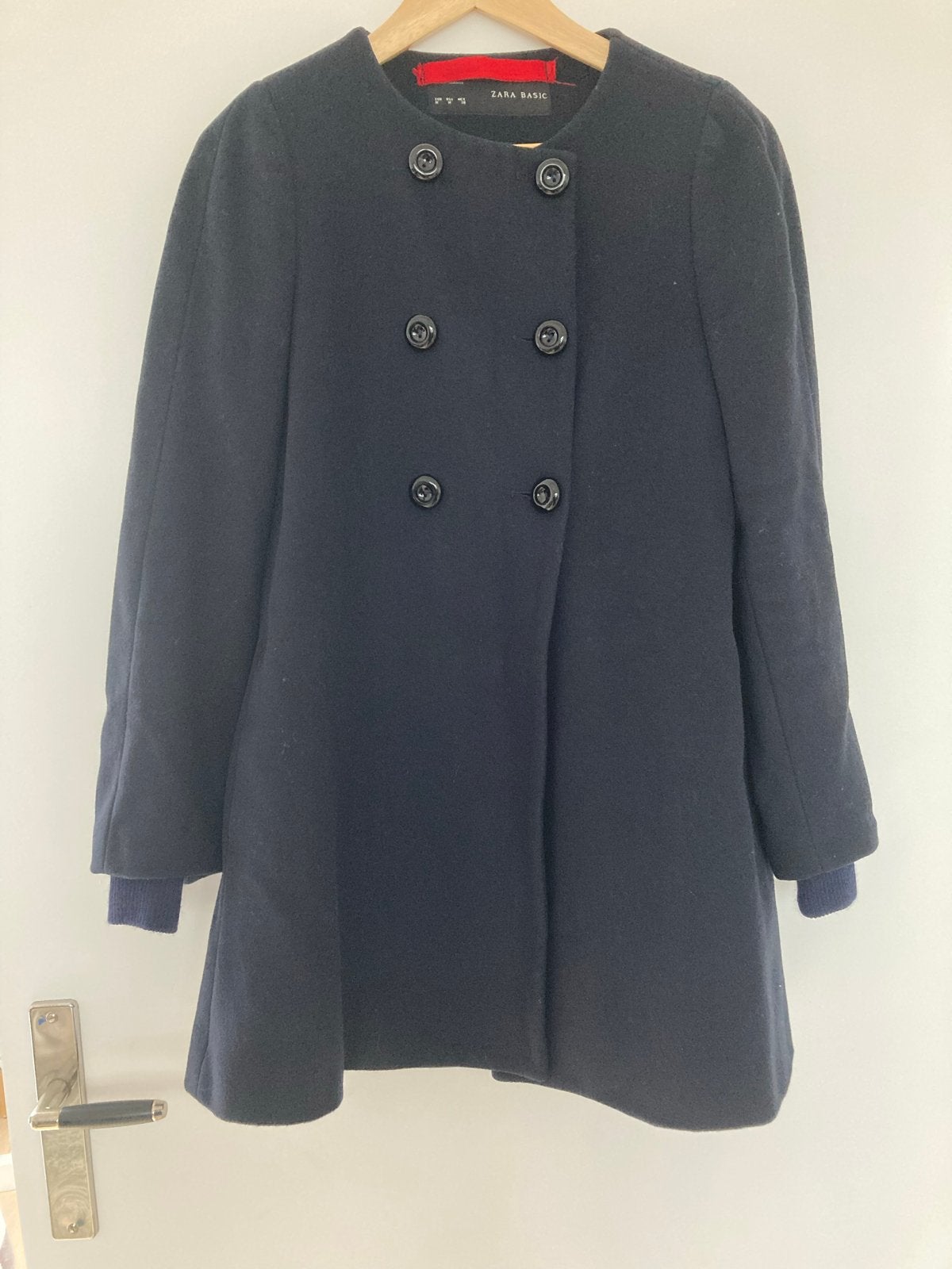 Zara Basic donkerblauwe wollen jas maat s, Verzenden, Zo goed als nieuw, Maat 36 (S), Blauw